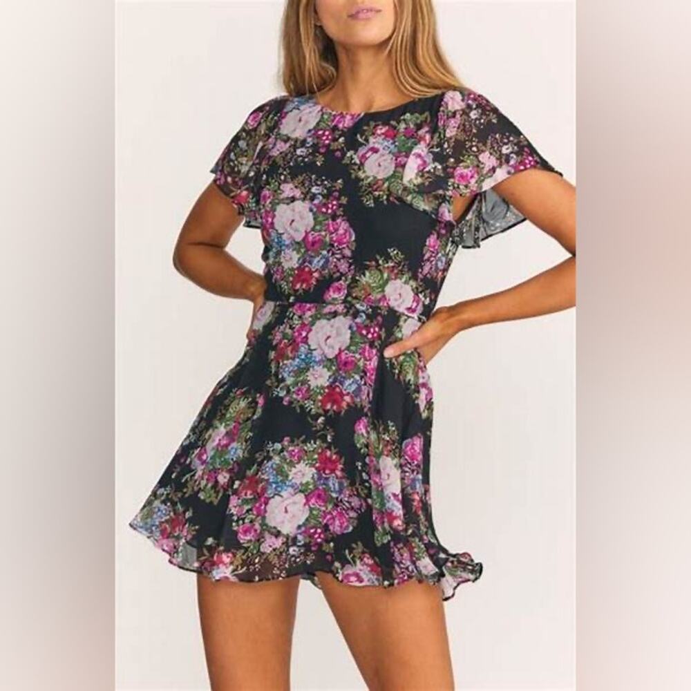 LoveShackFancy Garner Black Pink Floral Print Mini Dress Size 2